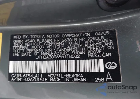 2005 Lexus Es 330 from USA, damaged, VIN JTHBA30G655118082